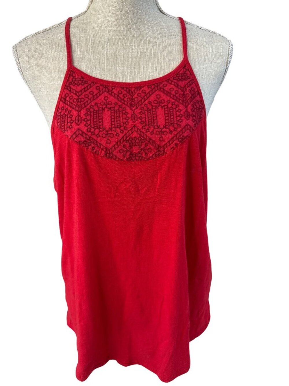 Lucky Brand Red Embroidered Sleeveless Tank Top With Button Back Size L